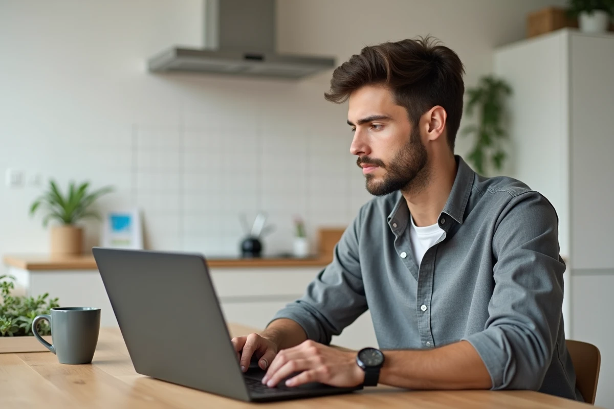 Jeune homme rédigeant une lettre de motivation en PDF sur un ordinateur portable à domicile
