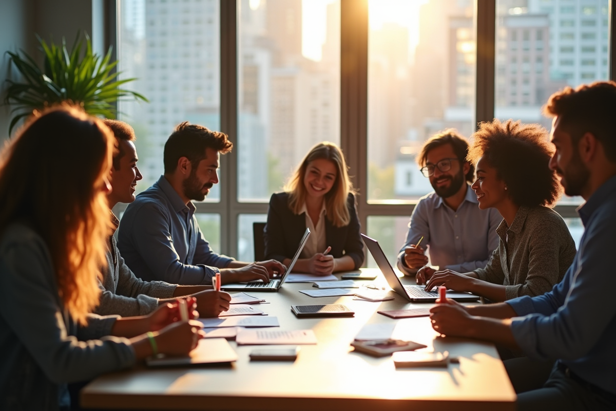 Groupe de jeunes entrepreneurs en réunion dans un bureau moderne