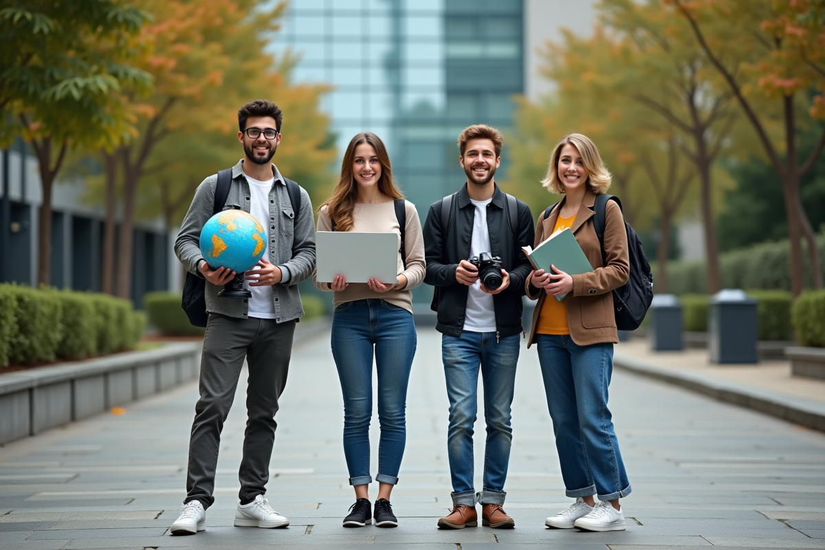 Quatre étudiants en extérieur dans une cour universitaire