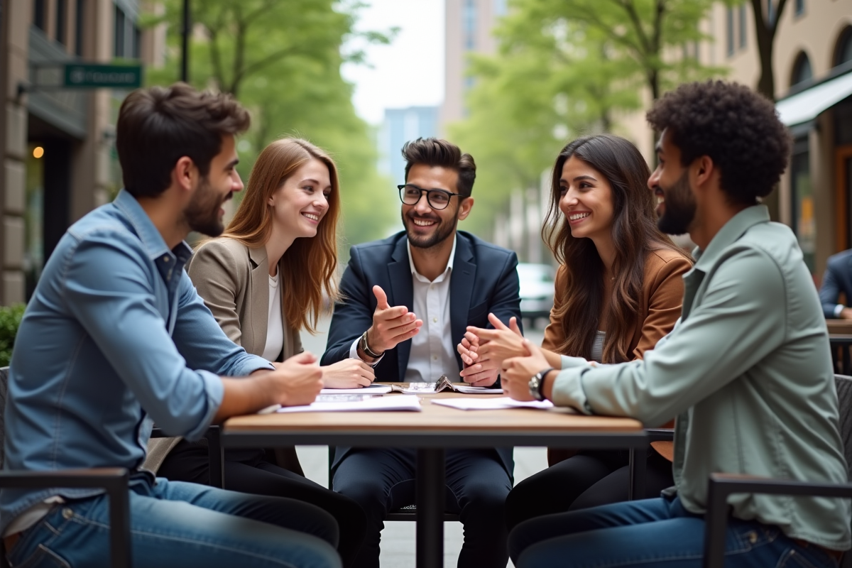 Jeunes diplômés discutant dans un café en ville