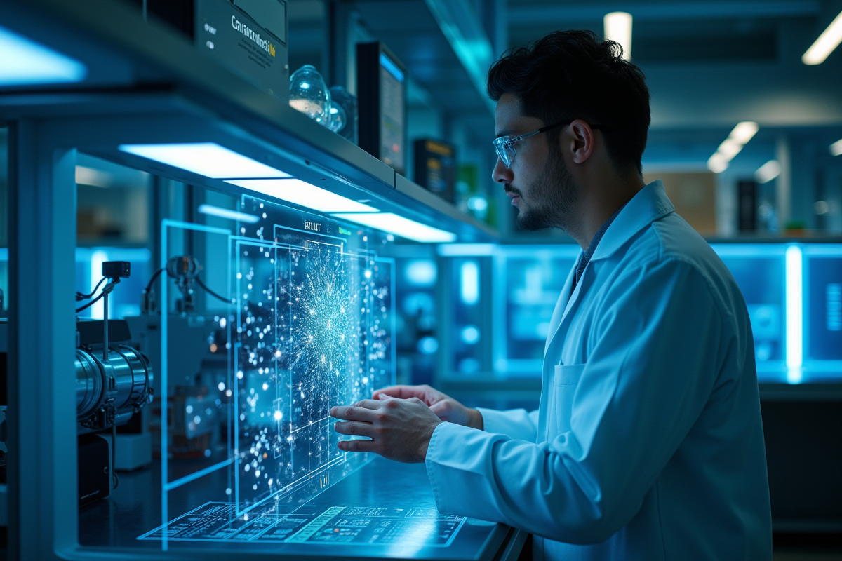 Scientifique ajustant équipements avec interfaces holographiques