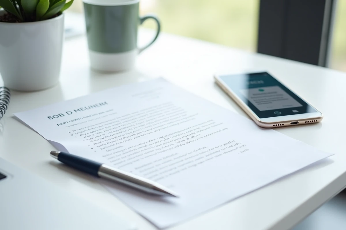 Vue de dessus d'une lettre de motivation et d'un CV modernes imprimés sur un bureau professionnel