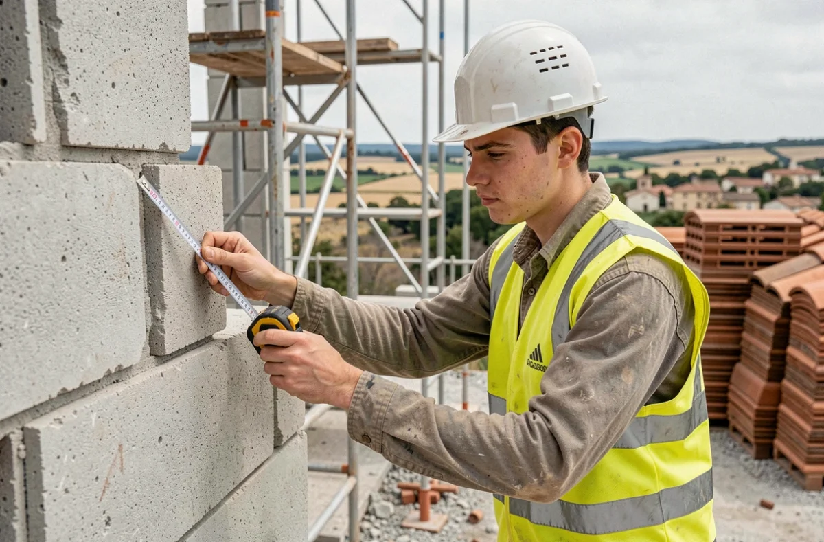 Apprenti du Lycée des Métiers de l'Habitat et des Travaux Publics François Andréossy mesurant un mur sur un chantier de formation