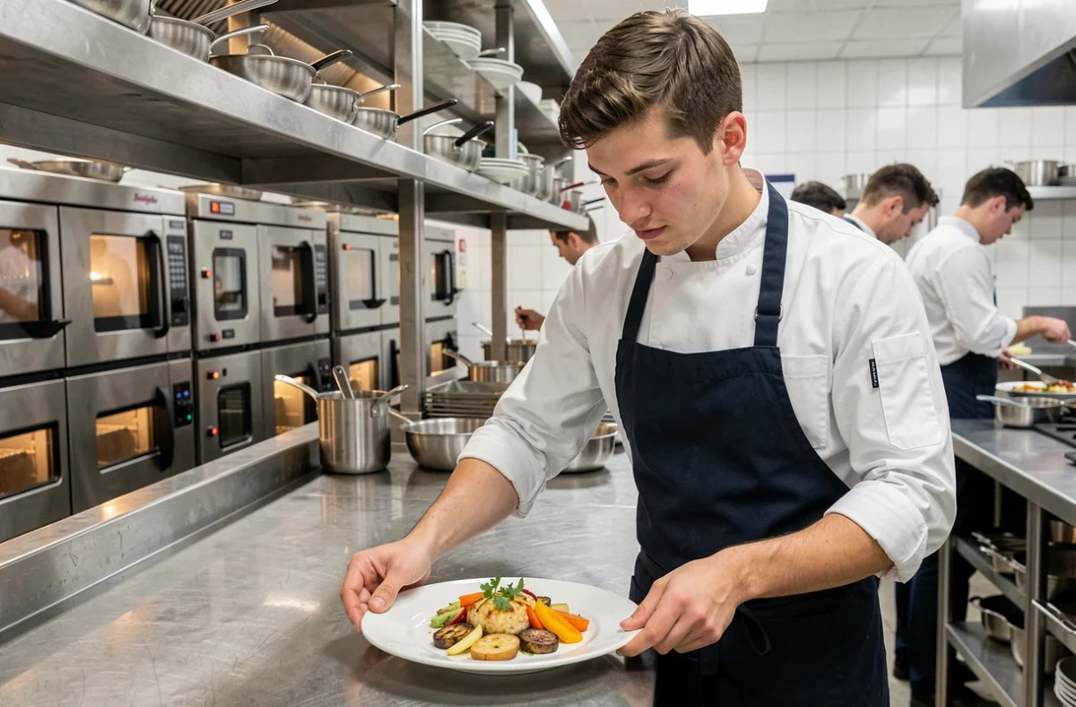 Apprenti cuisinier du Lycée professionnel Jules Fil dressant une assiette dans une cuisine pédagogique professionnelle