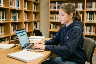 Lycéenne utilisant l'espace numérique Entauvergne sur un ordinateur portable dans une bibliothèque scolaire
