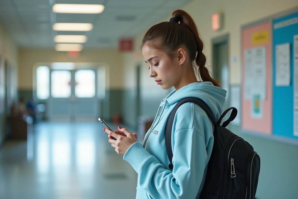 Lyceenne v&eacute;rifiant son smartphone dans le couloir