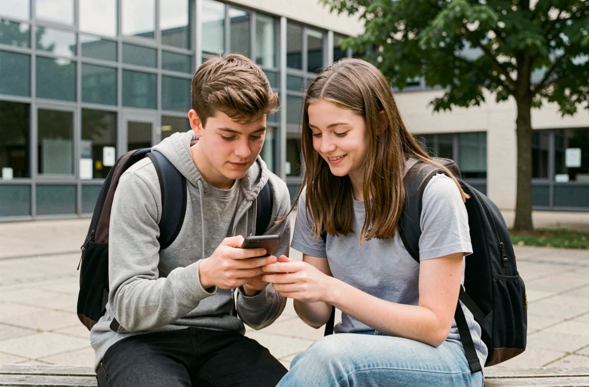 Deux lycéens consultant l'application Entauvergne ensemble sur un smartphone dans la cour de leur lycée