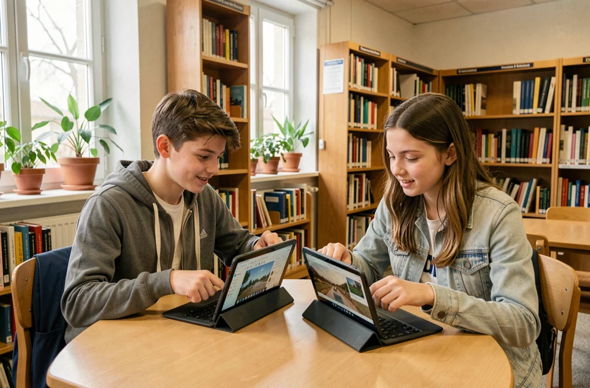 Deux lycéens comparant des plateformes ENT régionales sur tablettes dans une bibliothèque scolaire