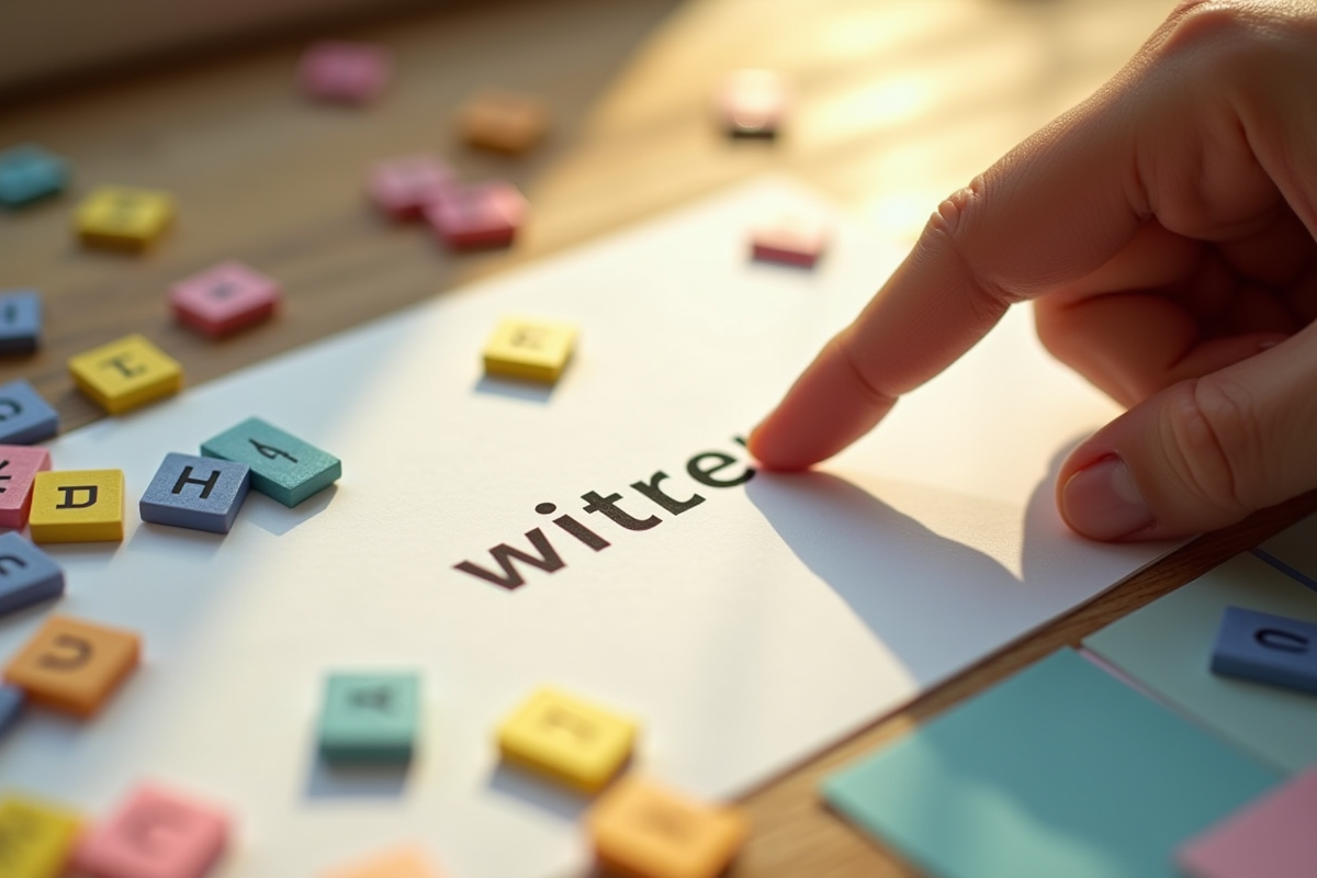 Doigt pointant un mot sur papier avec blocs de lettres colorés