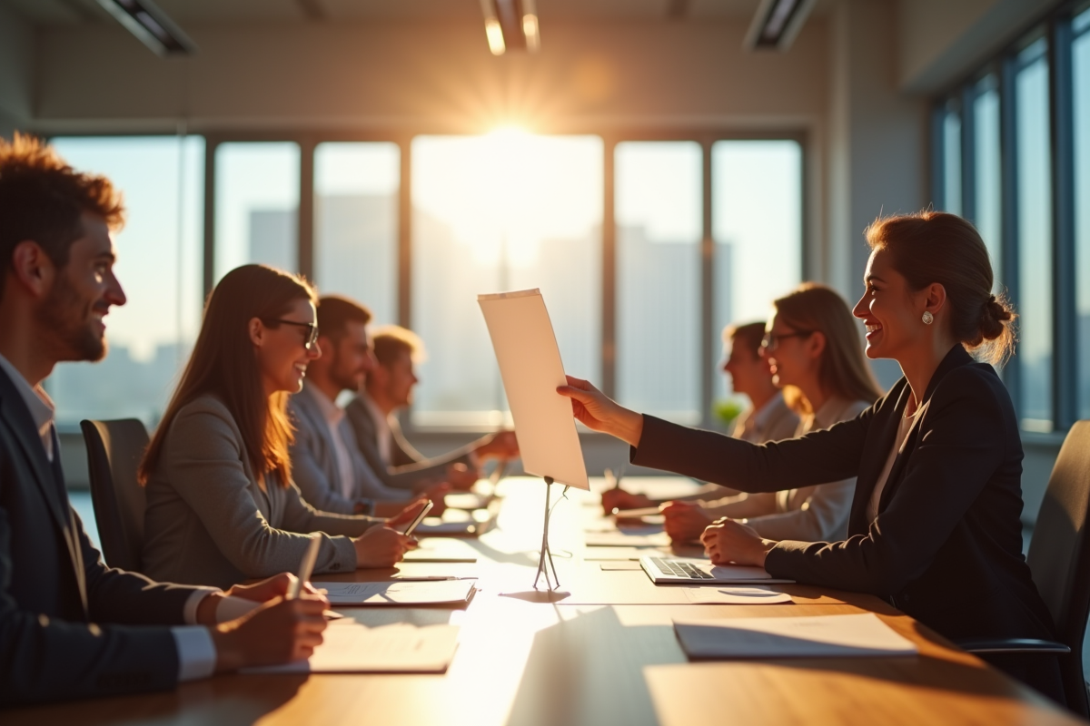 Manager souriant remet un document à un collègue dans un bureau lumineux