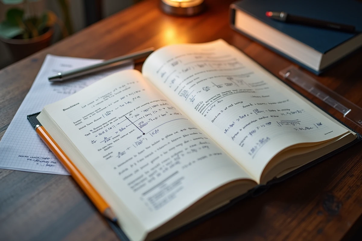 Livre de calcul différentiel ouvert montrant un graphique de fonction avec sa tangente et des annotations manuscrites sur la dérivée