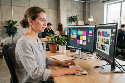 Professionnelle utilisant simultanément MJM Cloud, Adobe et Canva sur deux écrans dans un studio moderne