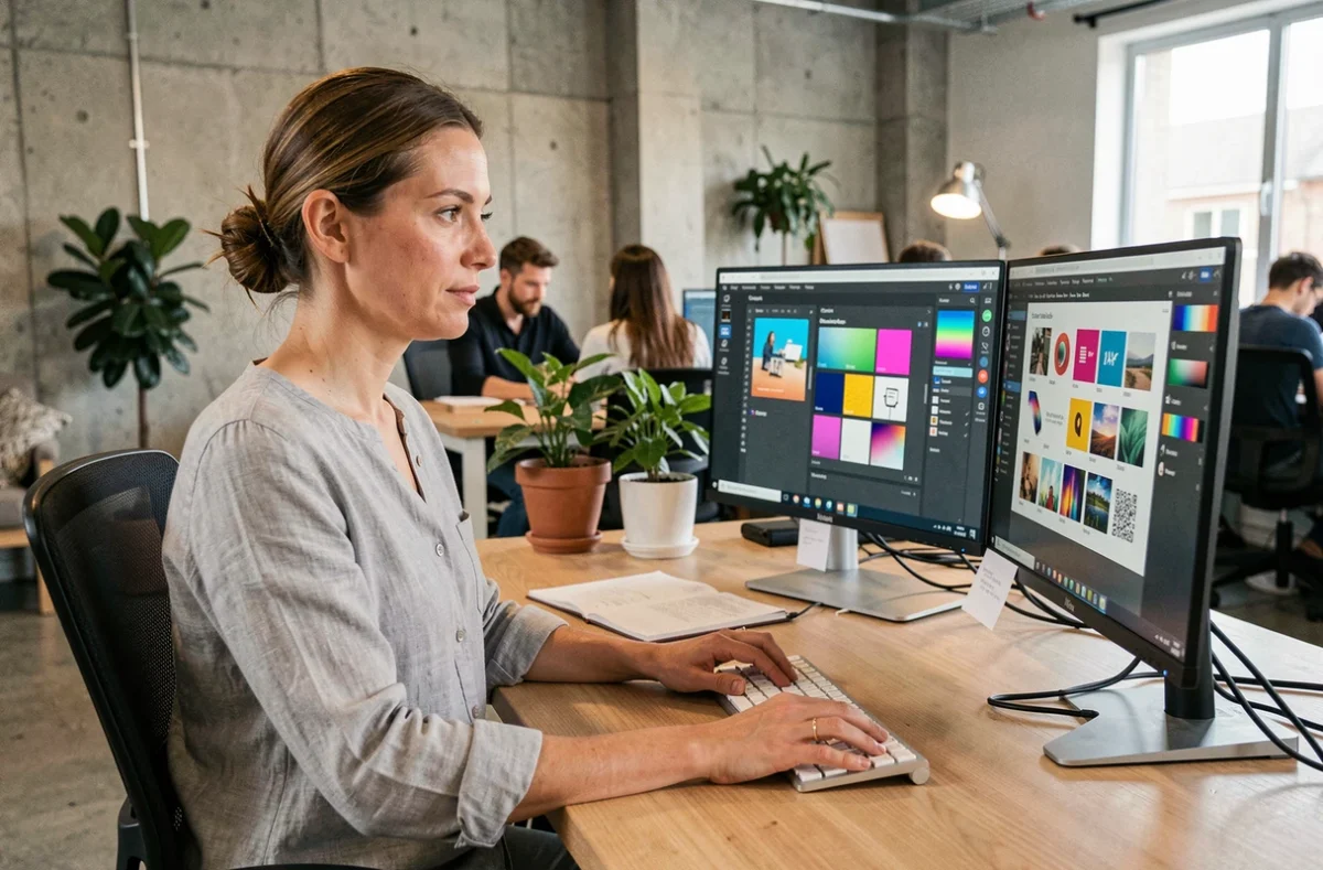 Professionnelle utilisant simultanément MJM Cloud, Adobe et Canva sur deux écrans dans un studio moderne