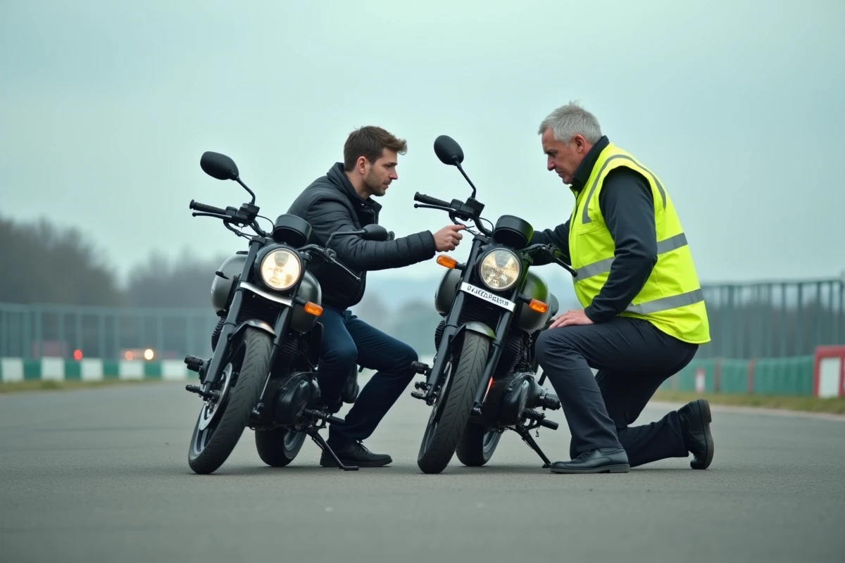 Moniteur de moto expliquant les commandes d'un 125 cm3 à un stagiaire sur un circuit de formation extérieur, formation obligatoire pour le permis B