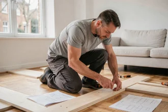 Homme assemblant un meuble en kit sur le parquet d'un salon moderne, outils et notices éparpillés autour de lui