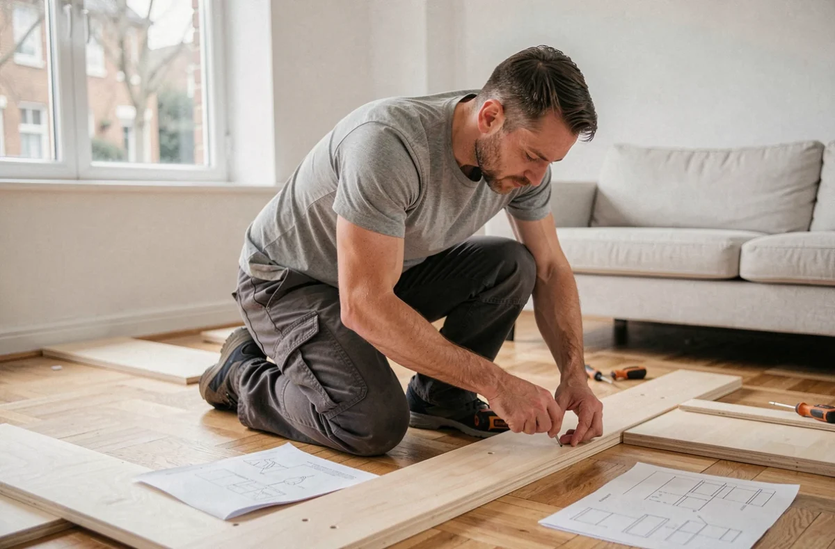 Homme assemblant un meuble en kit sur le parquet d'un salon moderne, outils et notices éparpillés autour de lui