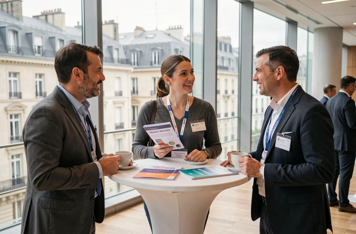 Professionnels du marketing en networking lors d'une pause conférence à Paris