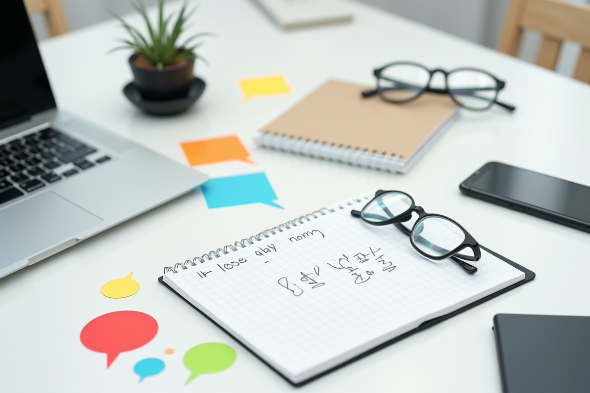 Objets de communication sur un bureau lumineux avec bulles de dialogue