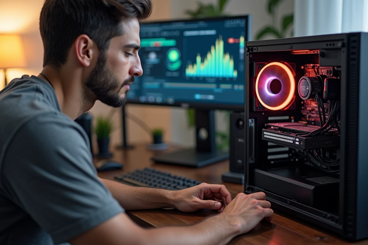 Homme optimisant les composants internes d'un PC de bureau pour améliorer les performances du logiciel CAP RLA