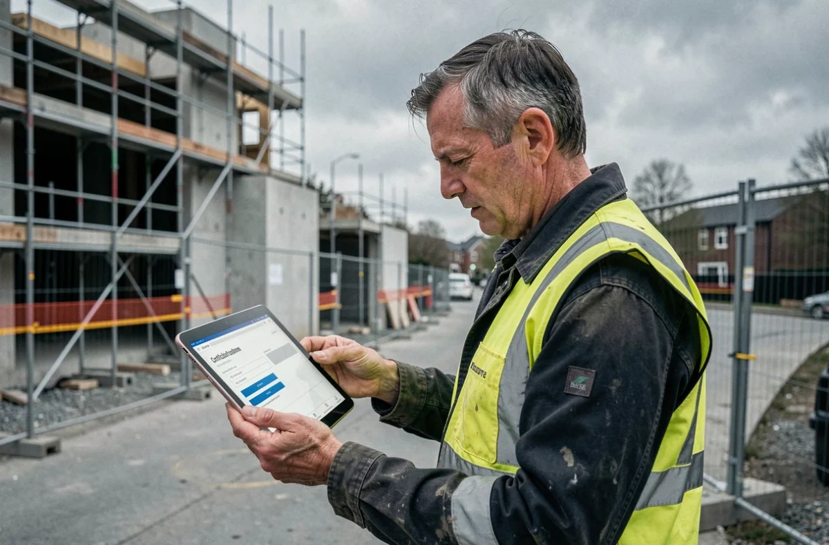 Professionnel du bâtiment consultant un programme de formation certifiante sur tablette devant un chantier