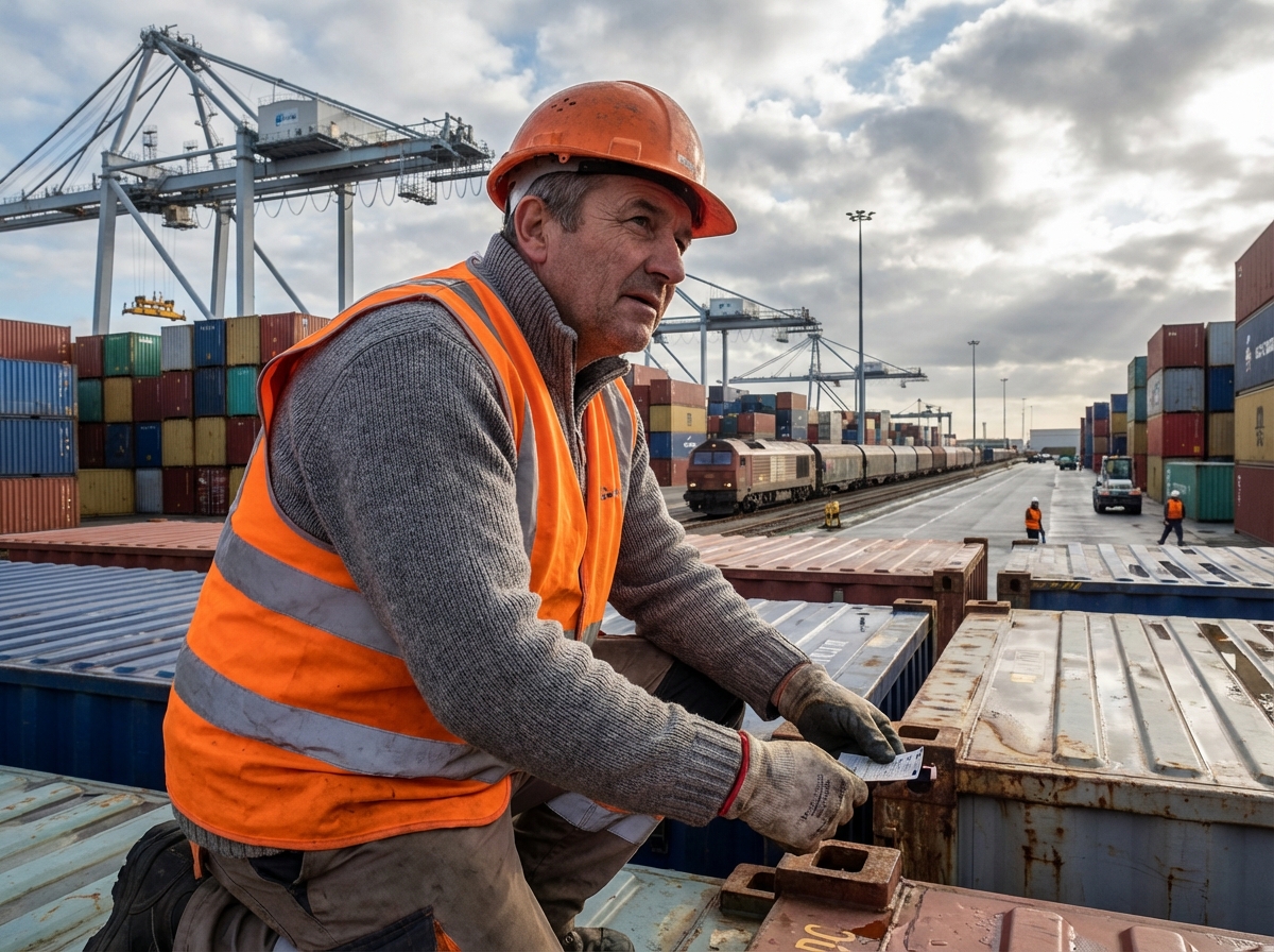 Ouvrier examinant des containers au port du Havre