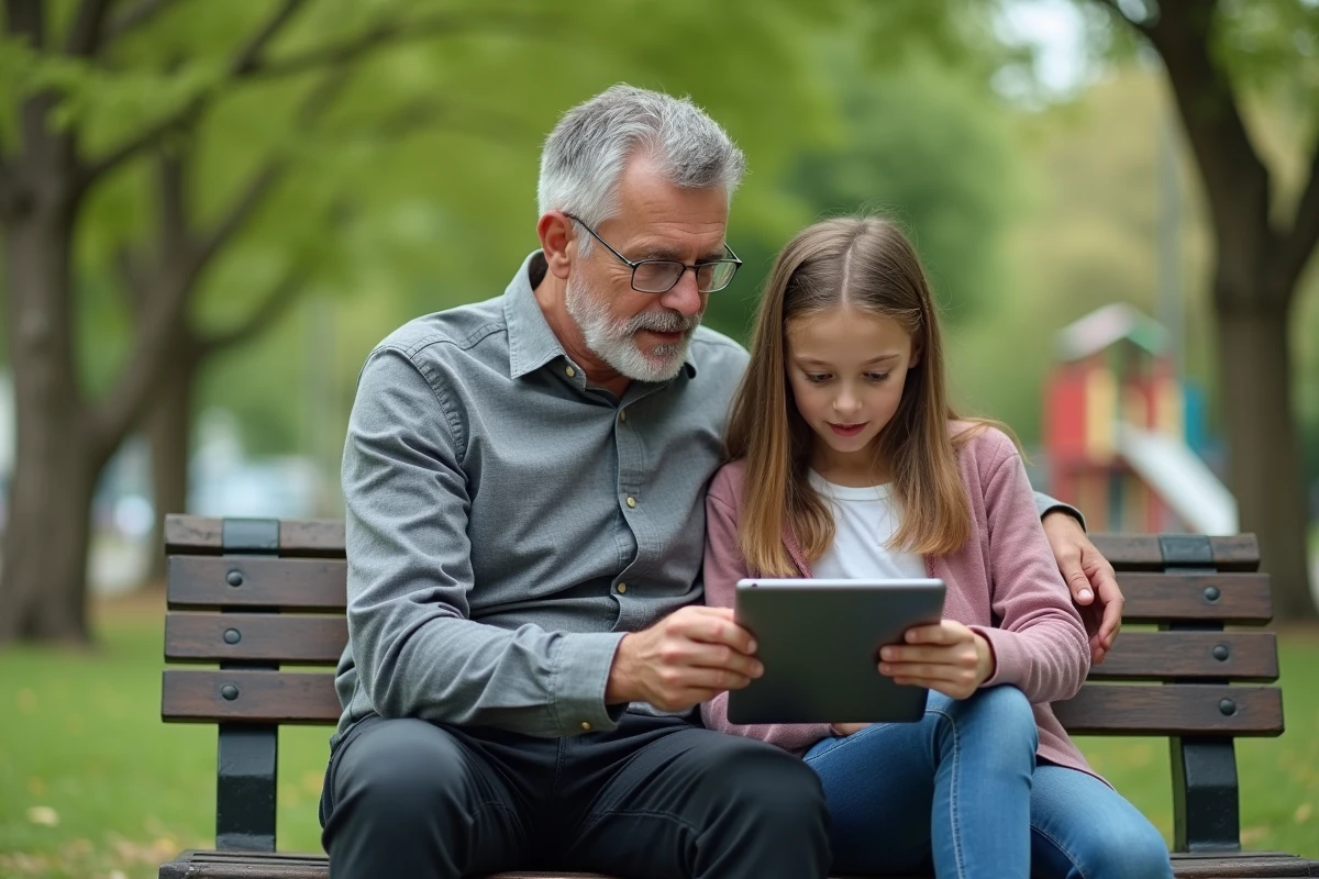 Père et fille discutent sur une tablette dans un parc