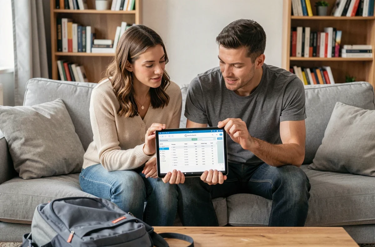Deux parents consultant ensemble les notes scolaires de leur enfant sur une tablette via Esterel Académie Aix Marseille