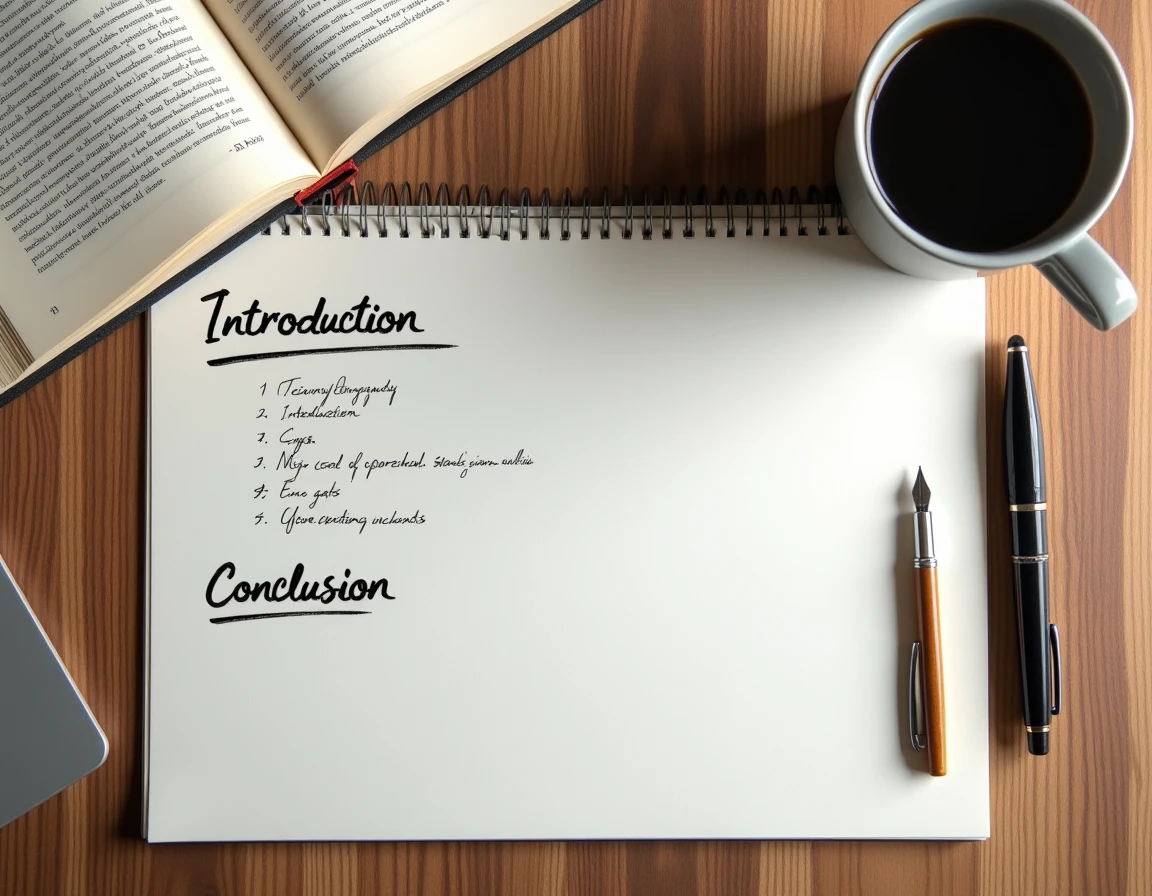 Vue aérienne d'un bureau avec un plan de dissertation manuscrit, stylo plume et guide grammatical