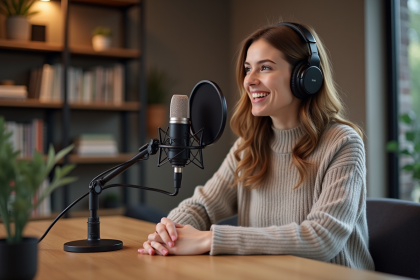 Jeune femme en podcast dans un studio cosy et moderne