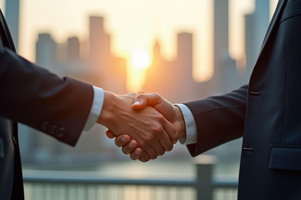 Poignée de main entre deux personnes en costume avec vue urbaine