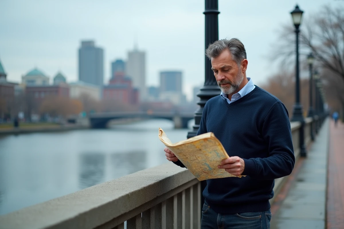 Homme consultant une carte sur le pont de Massachusetts Avenue avec les bâtiments du MIT à Cambridge en arrière-plan