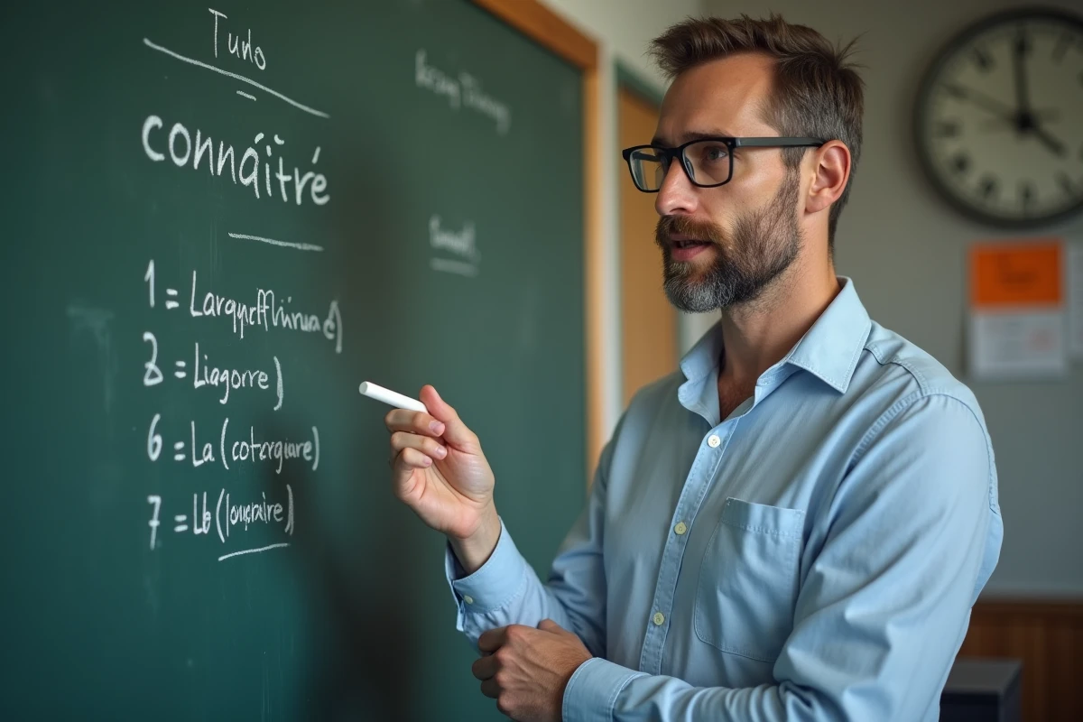 Professeur expliquant la conjugaison du verbe connaître