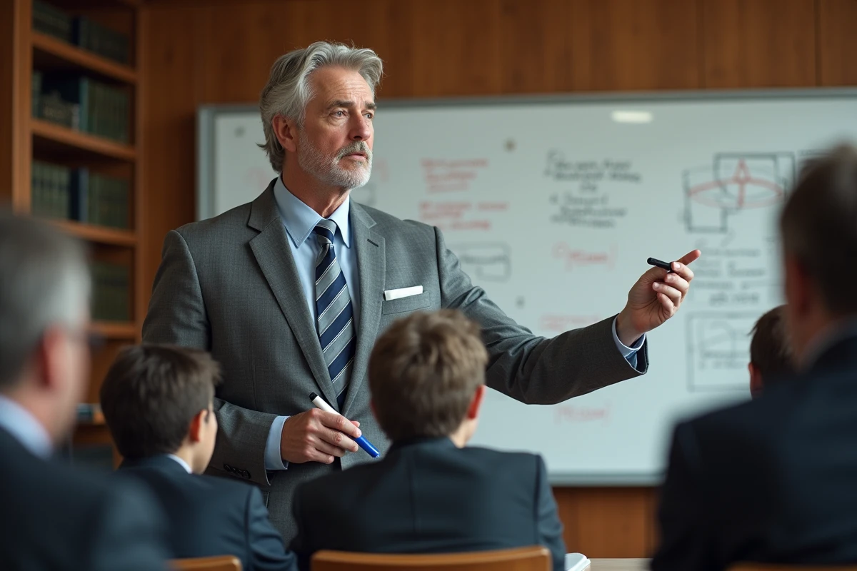 Professeur de droit expliquant devant un tableau blanc