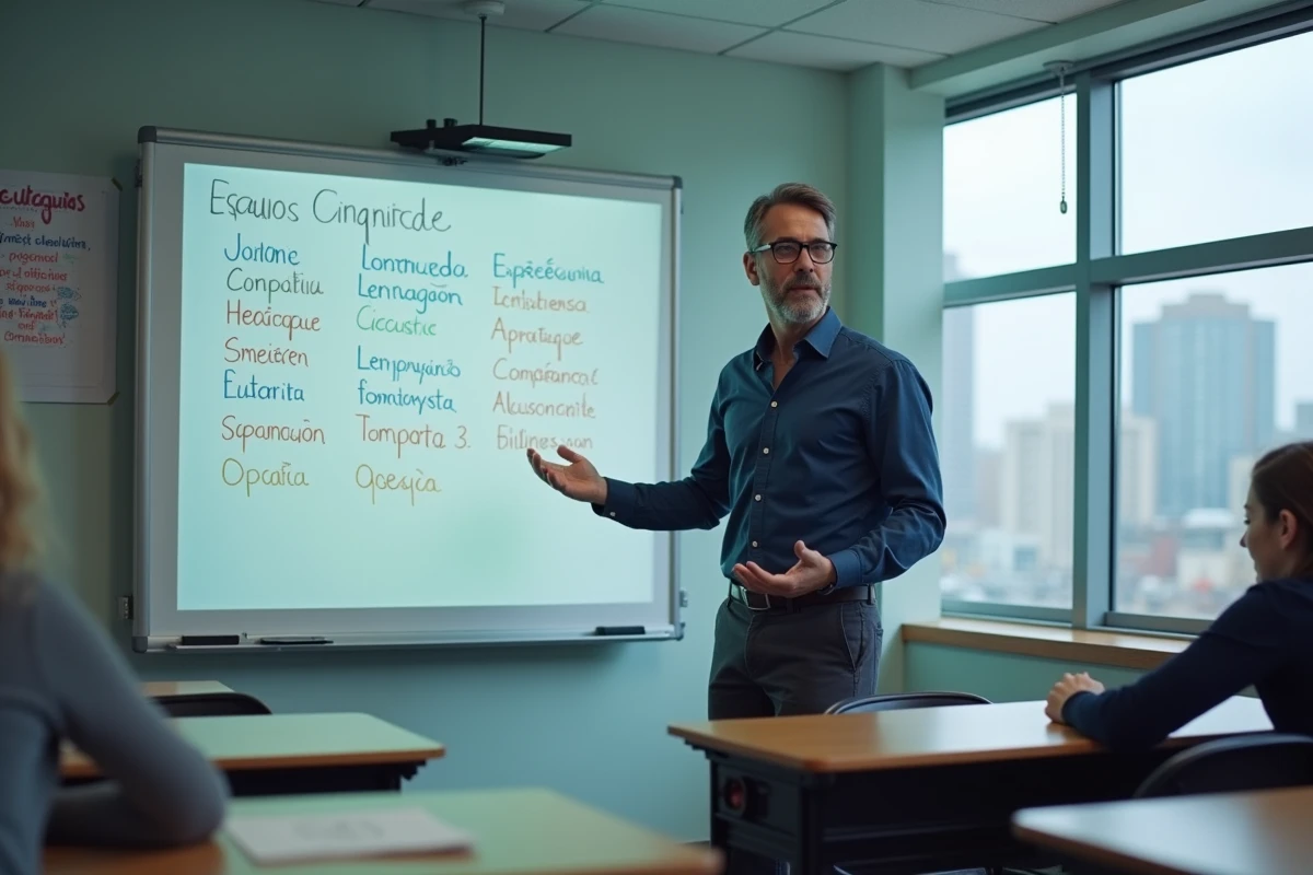 Professeur d'espagnol expliquant le subjonctif imparfait au tableau blanc dans une salle de classe moderne