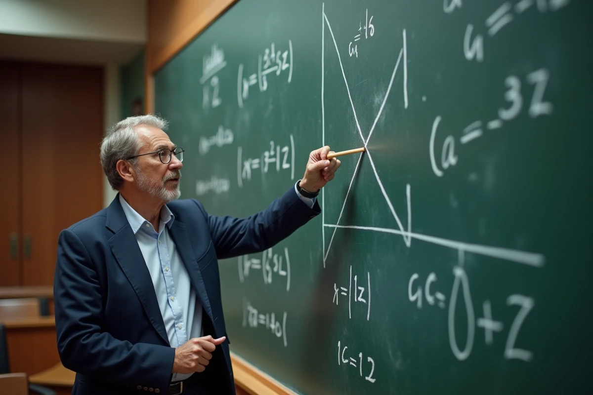 Professeur de mathématiques expliquant la notion de tangente à une courbe au tableau noir avec des équations de dérivée