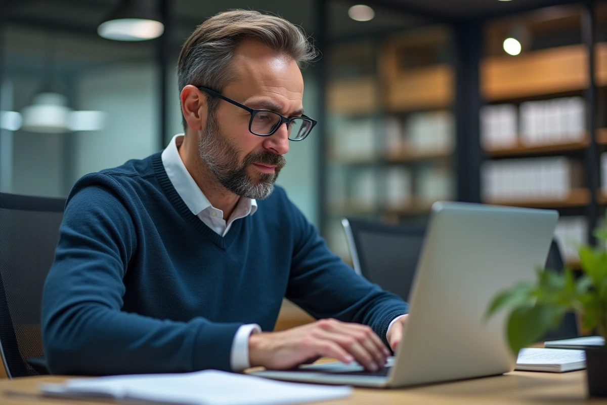 Professeur homme concentré sur son ordinateur dans un bureau moderne