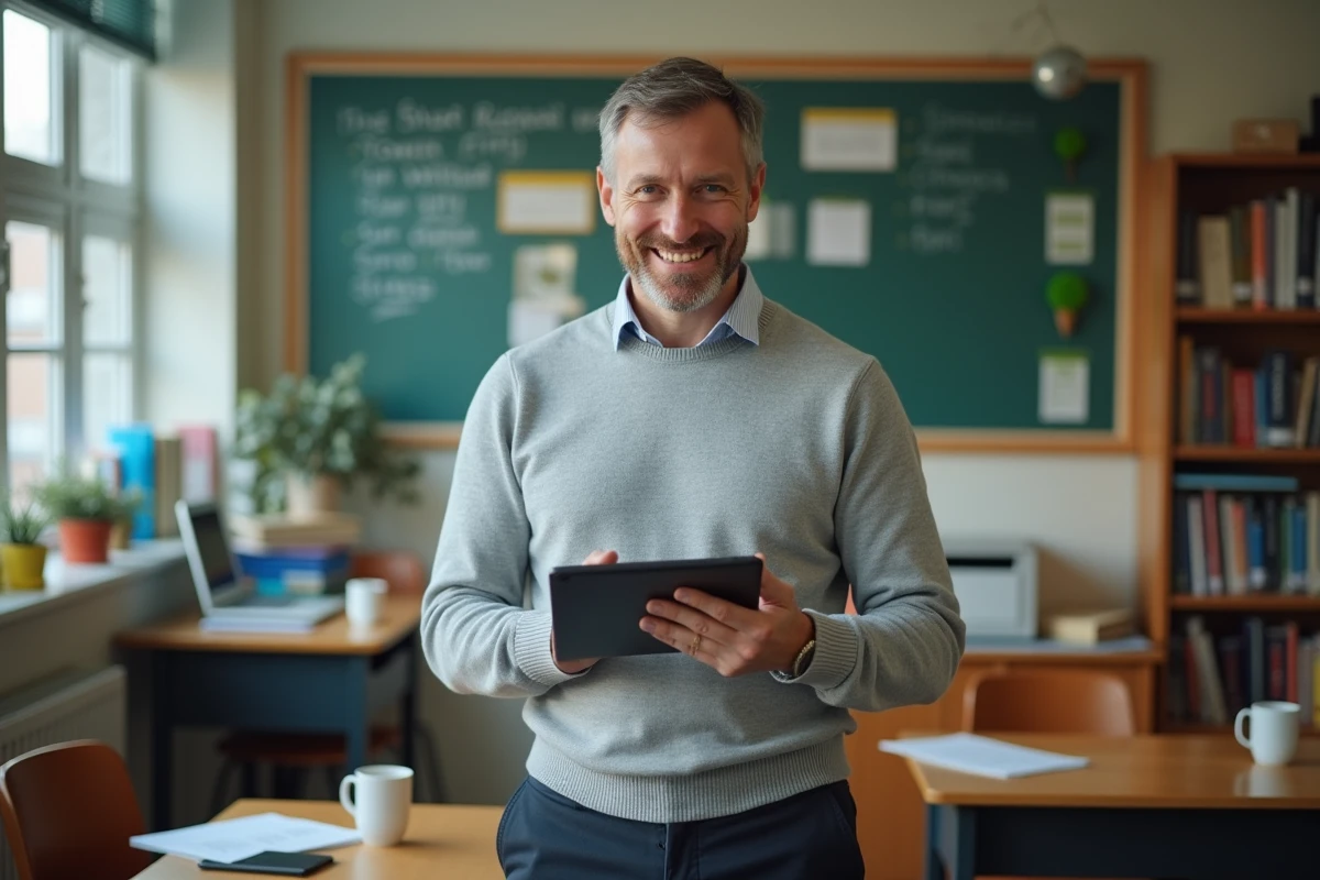 Professeur consultant l'ENT Île-de-France sur une tablette numérique dans la salle des professeurs