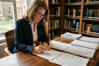 Professeure corrigeant des copies et convertissant des notes sur 100 en notes sur 20 dans son bureau universitaire