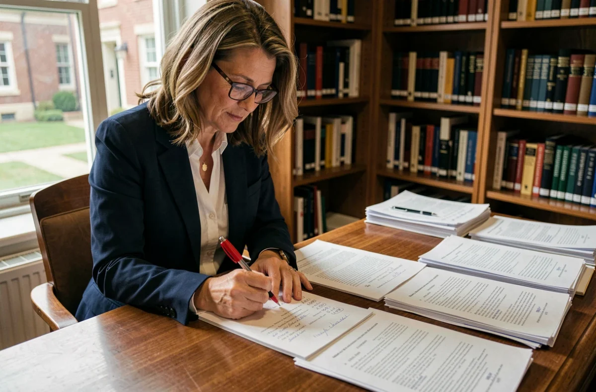 Professeure corrigeant des copies et convertissant des notes sur 100 en notes sur 20 dans son bureau universitaire
