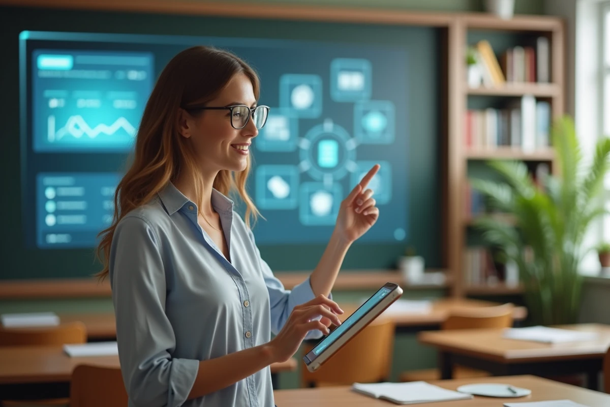 Jeune professeure souriante avec tablette dans une salle de classe