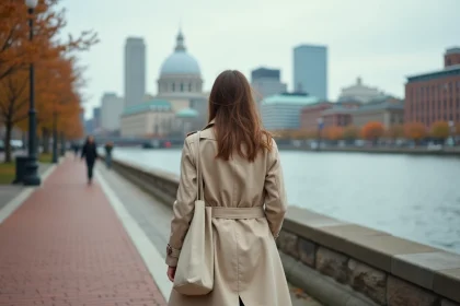 Femme marchant le long de l'Esplanade de Charles River avec le dôme du MIT visible au loin, itinéraire à pied depuis Boston