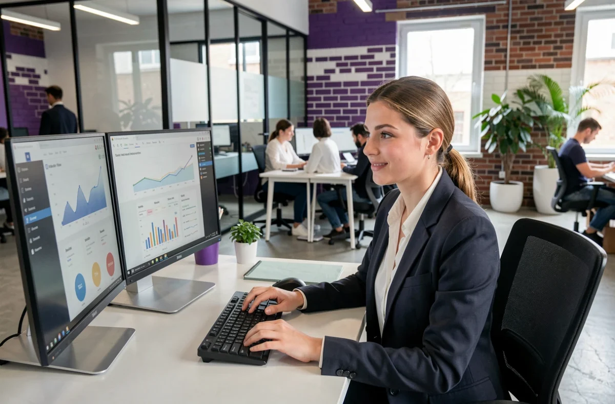 Étudiante de Purple Campus Carcassonne travaillant sur ordinateur dans un espace co-working moderne aux couleurs violettes