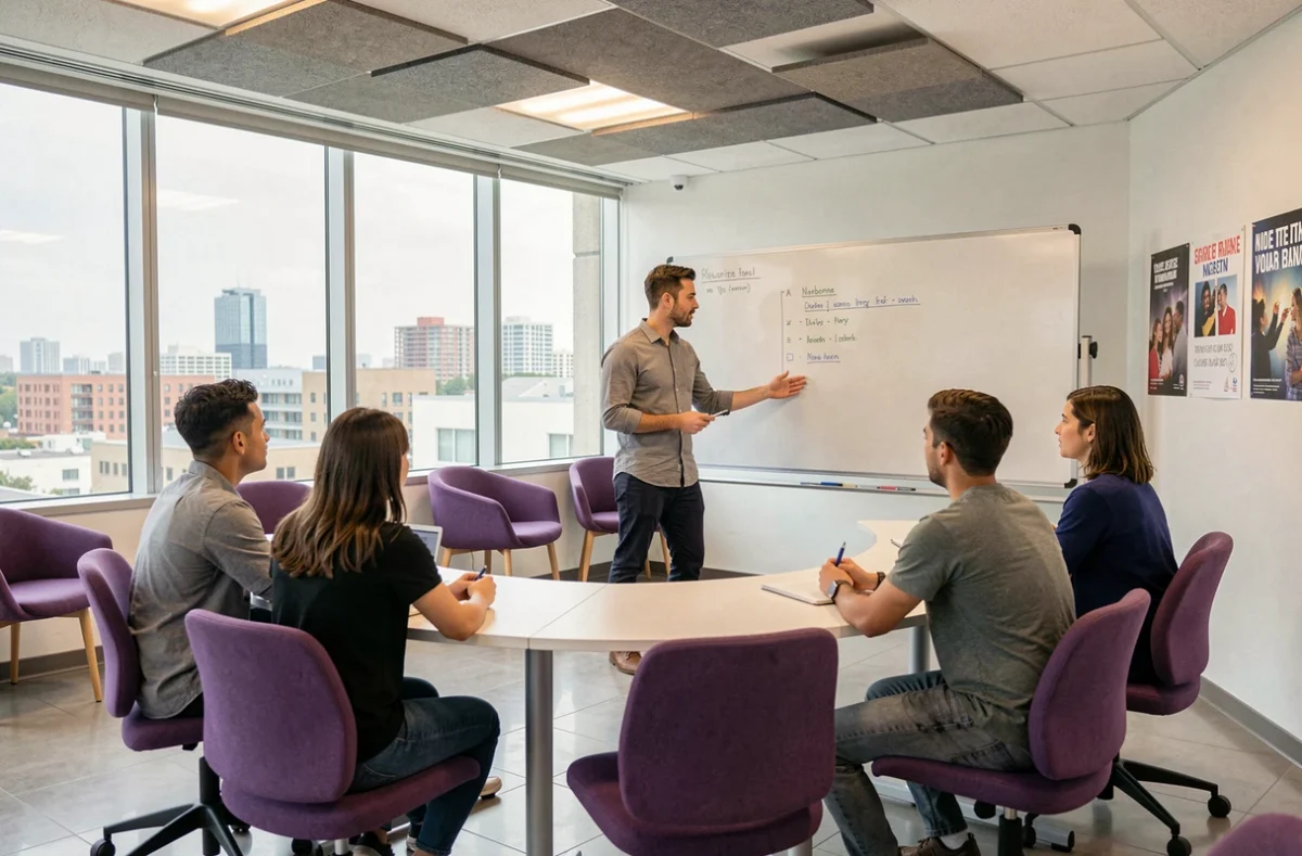 Étudiant de Purple Campus Narbonne présentant un projet sur tableau interactif dans une salle de formation moderne
