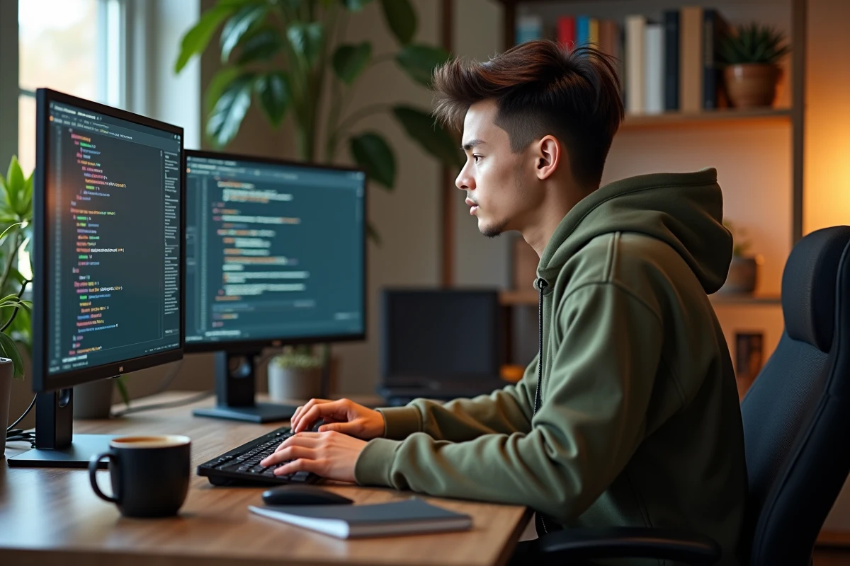 Jeune candidat en alternance recherchant un poste de développeur web depuis son bureau à domicile avec deux écrans