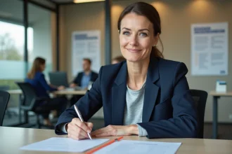 Femme en blazer marine remplissant un formulaire de réinscription à France Travail dans une agence pour l'emploi