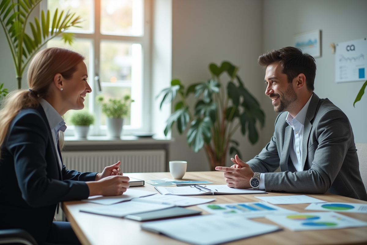 Rencontre entre indépendant et conseiller financier souriants