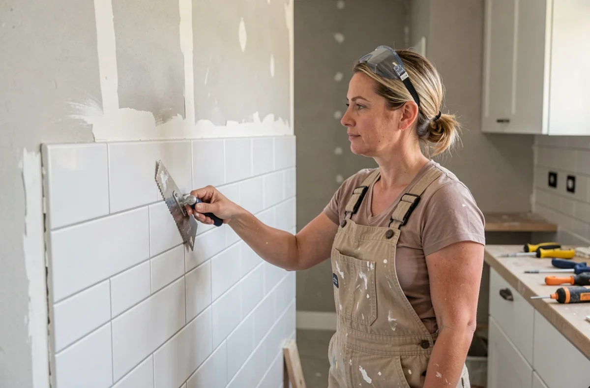 Femme posant du carrelage dans une cuisine en cours de rénovation, portant des salopettes et tenant une spatule crantée