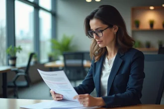 Responsable RH examinant un plan de formation professionnel 2026 dans un bureau moderne