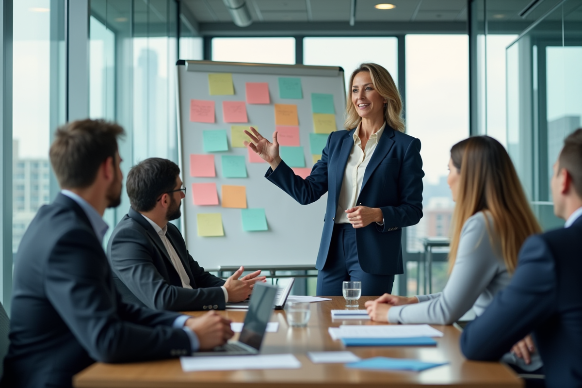 Manager d office en réunion avec notes colorées