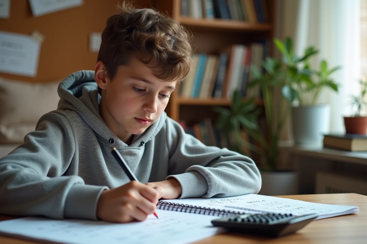Adolescent révisant des exercices de nombres décimaux à son bureau à la maison avec cahier et calculatrice scientifique